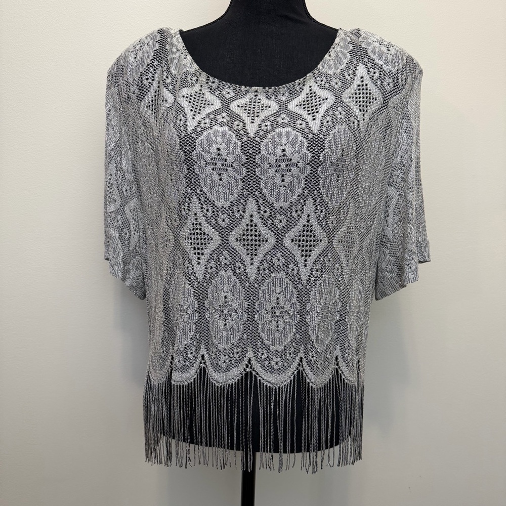Vintage Sharade 80s 90 Fringe Top Silver Concert Knit Western Whimsical Festival